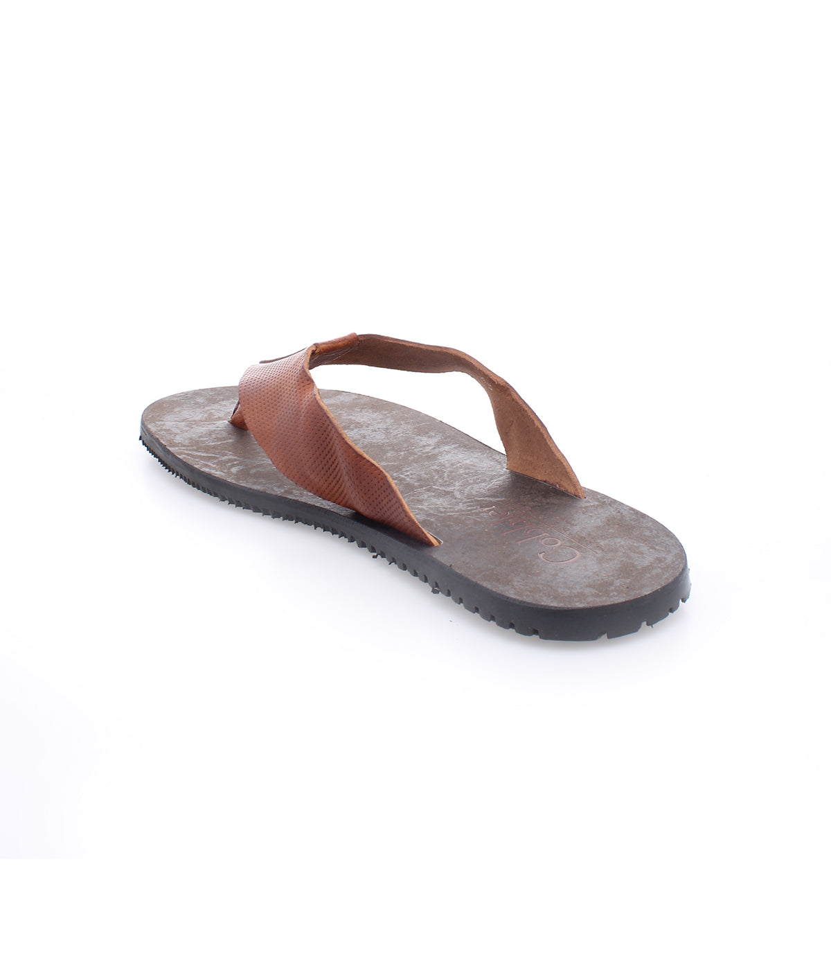 A pair of durable Bed Stu brown leather flip flops on a white background.