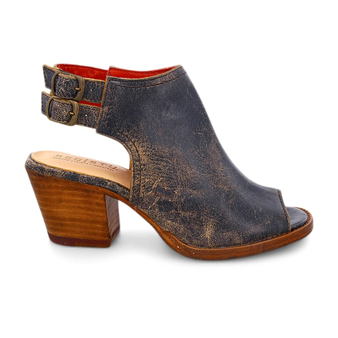 A women's Ireni sandal by Bed Stu, made of black leather and featuring a wooden heel.