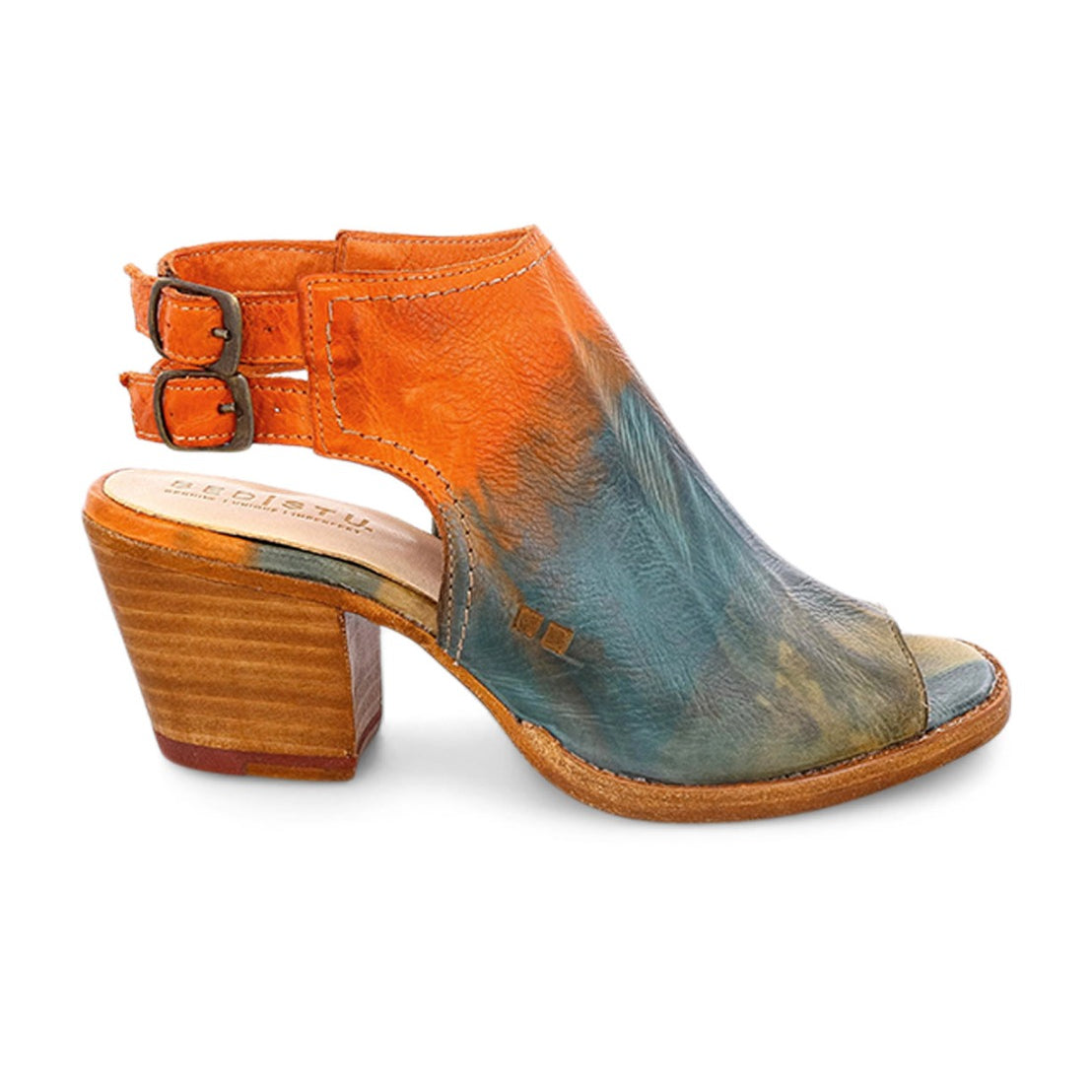 A pair of Bed Stu Ireni women's sandals with an orange and blue dye.