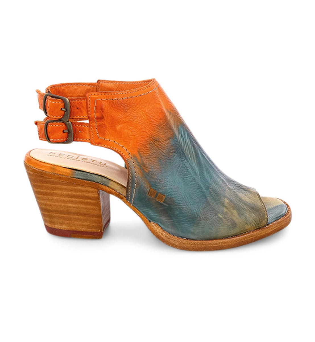 A pair of Bed Stu Ireni women's sandals with an orange and blue dye.