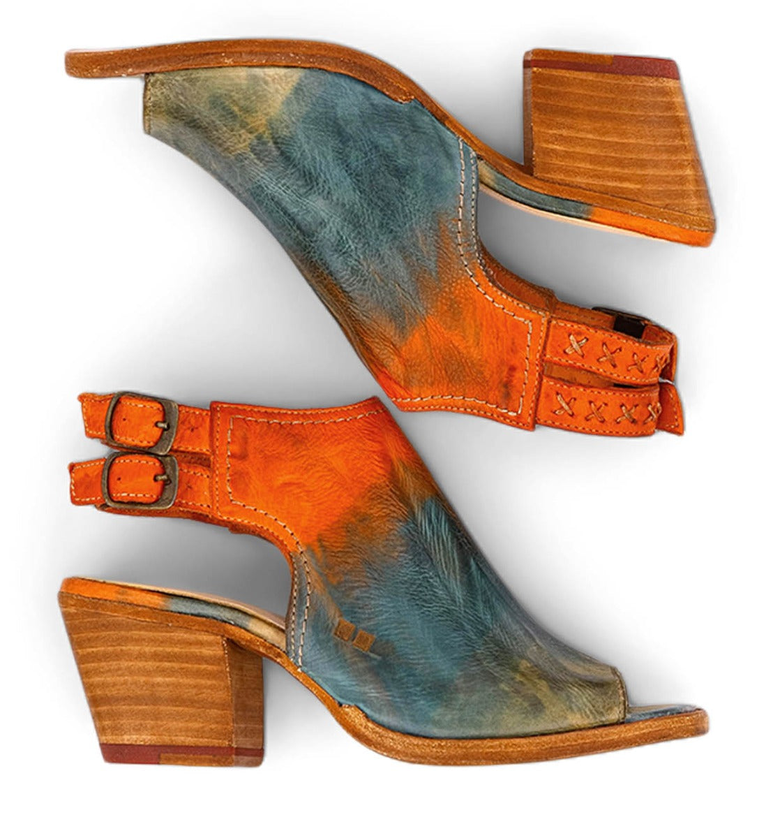 A pair of Ireni sandals in orange and blue with a wooden heel by Bed Stu.