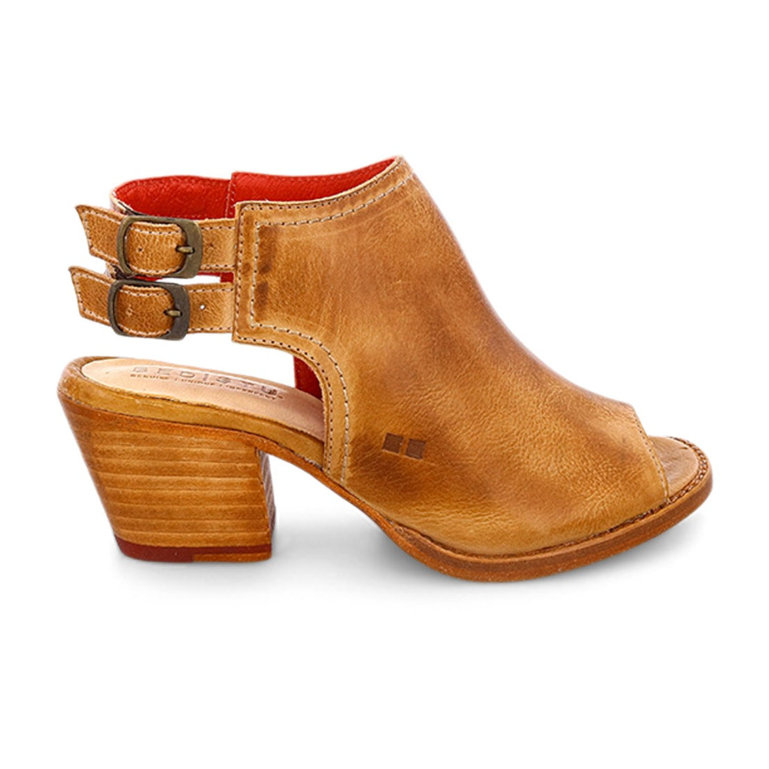 A Bed Stu women's tan leather sandal with a wooden heel, named Ireni.