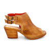 A Bed Stu women's tan leather sandal with a wooden heel, named Ireni.