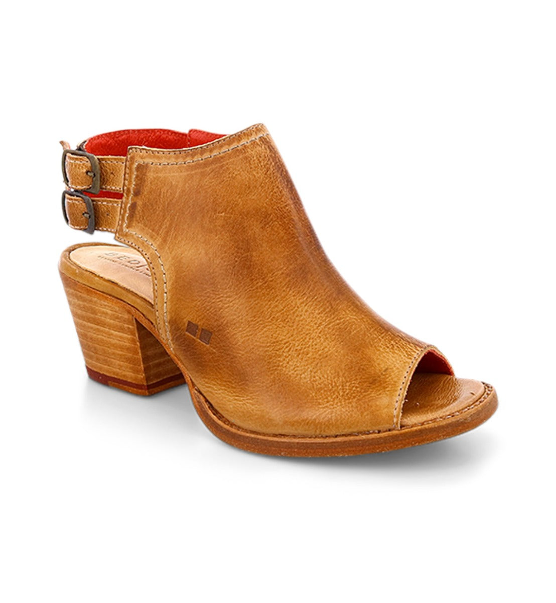 A women's Ireni tan leather sandal with a wooden heel by Bed Stu.