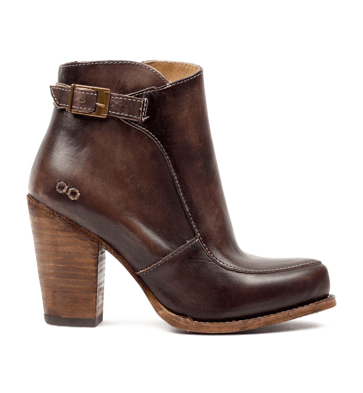 A brown leather ankle boot with a wooden heel named Isla by Bed Stu.