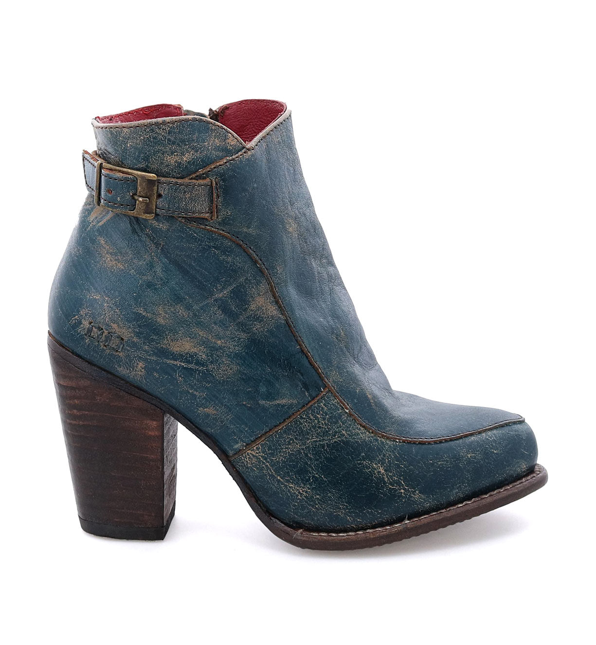 An Isla women's blue leather ankle boot with a wooden heel by Bed Stu.