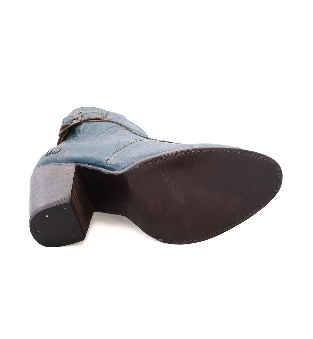 A pair of Bed Stu Isla blue leather boots with a wooden heel.