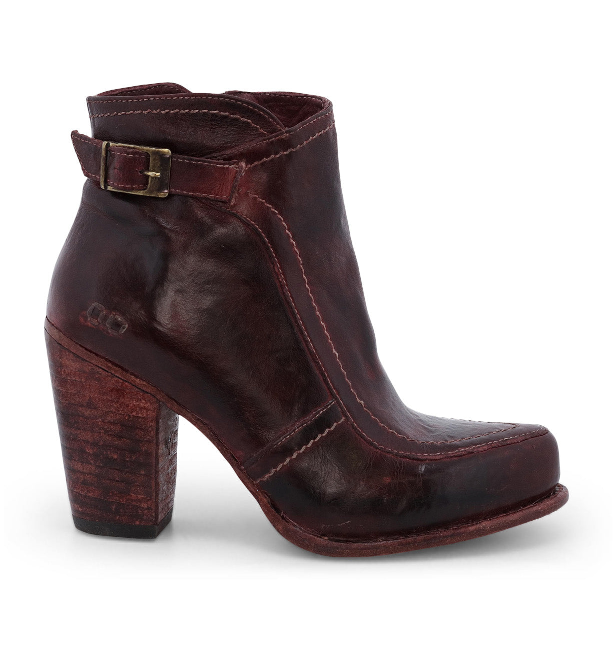 A women's Isla burgundy leather ankle boot with a wooden heel, by Bed Stu.