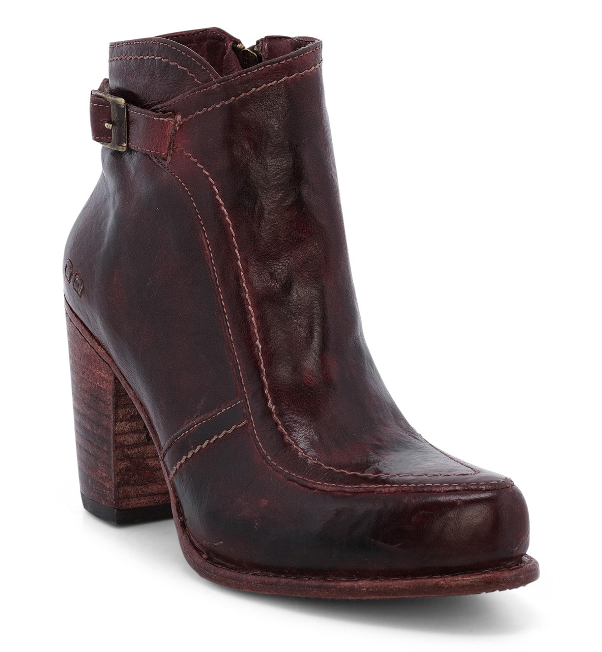 A burgundy leather ankle boot named Isla by Bed Stu with a wooden heel.