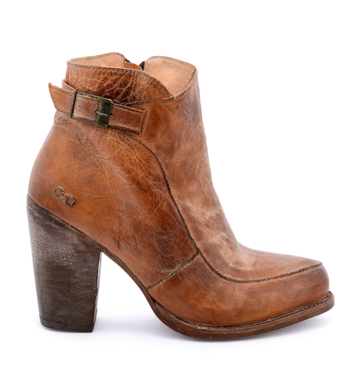 A women&#39;s brown ankle boot named Isla by Bed Stu with a wooden heel.