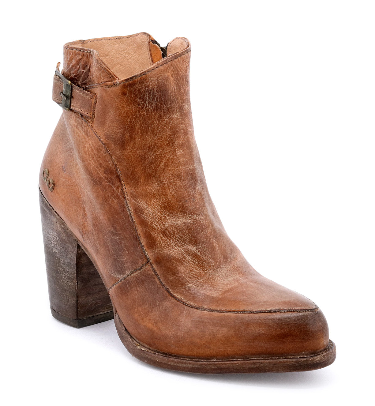 A women's brown ankle boot with a wooden heel, called the Isla by Bed Stu.