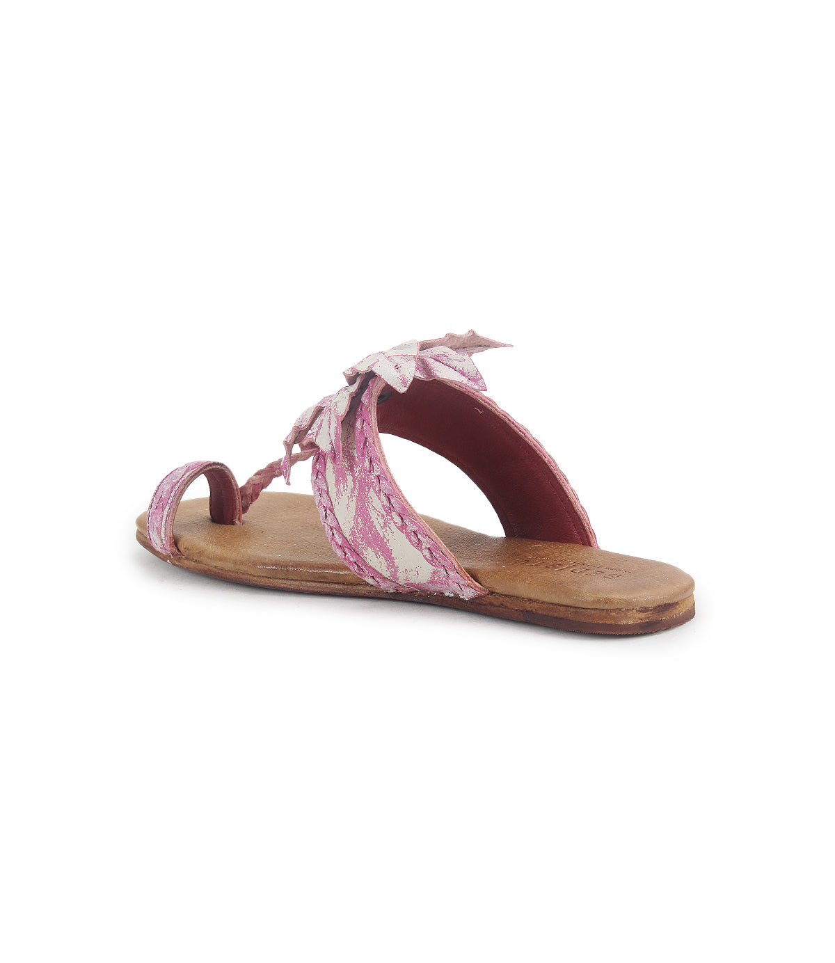 The Isobel by Bed Stu is a pink and beige open-toe sandal with a flat sole, featuring a braided leather strap adorned with a butterfly design.