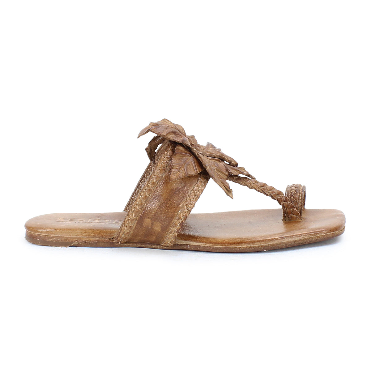 The Bed Stu Isobel sandal features braided leather and a decorative leaf detail on the upper, displayed in a side profile view against a white background.