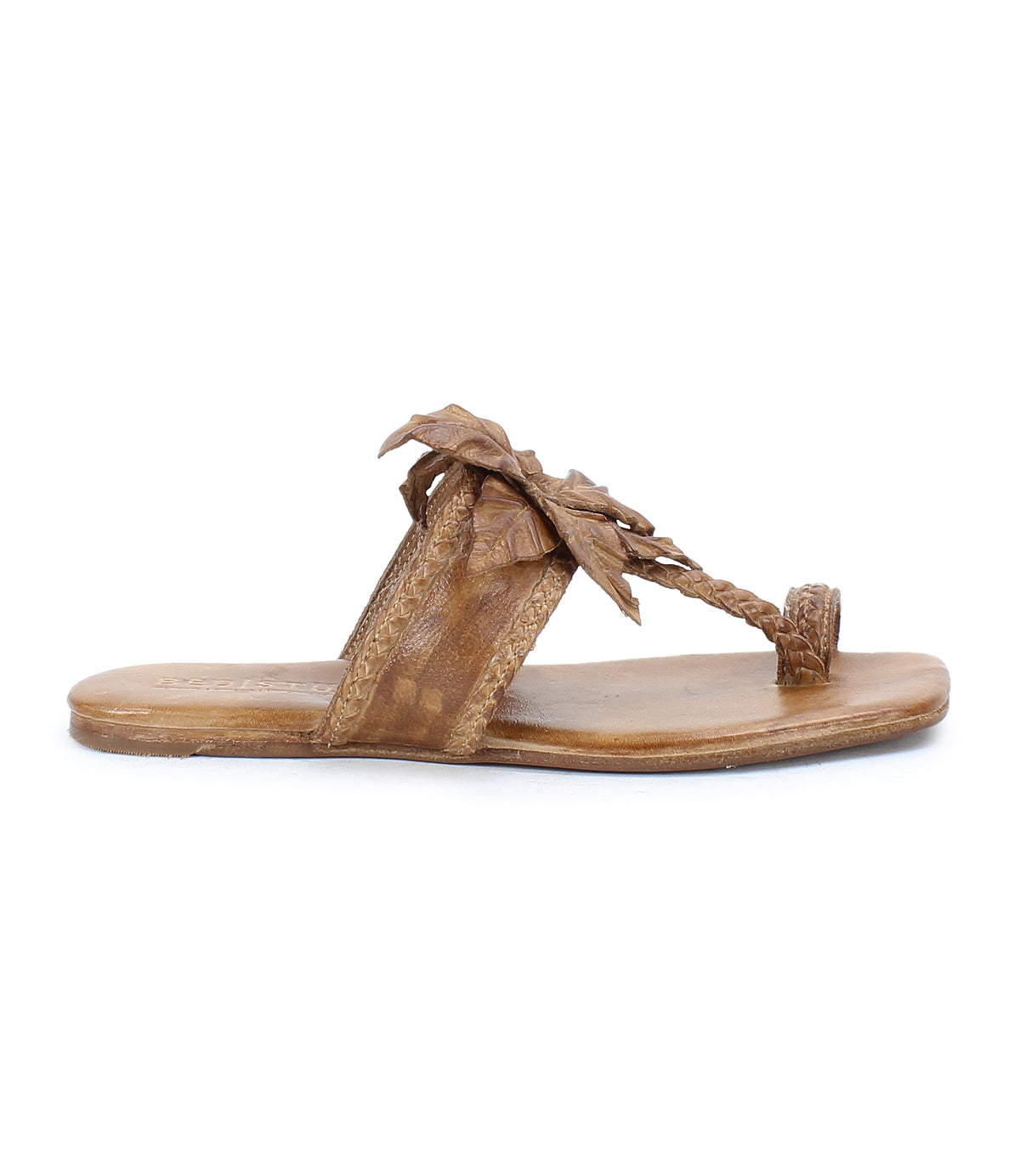The Bed Stu Isobel sandal features braided leather and a decorative leaf detail on the upper, displayed in a side profile view against a white background.