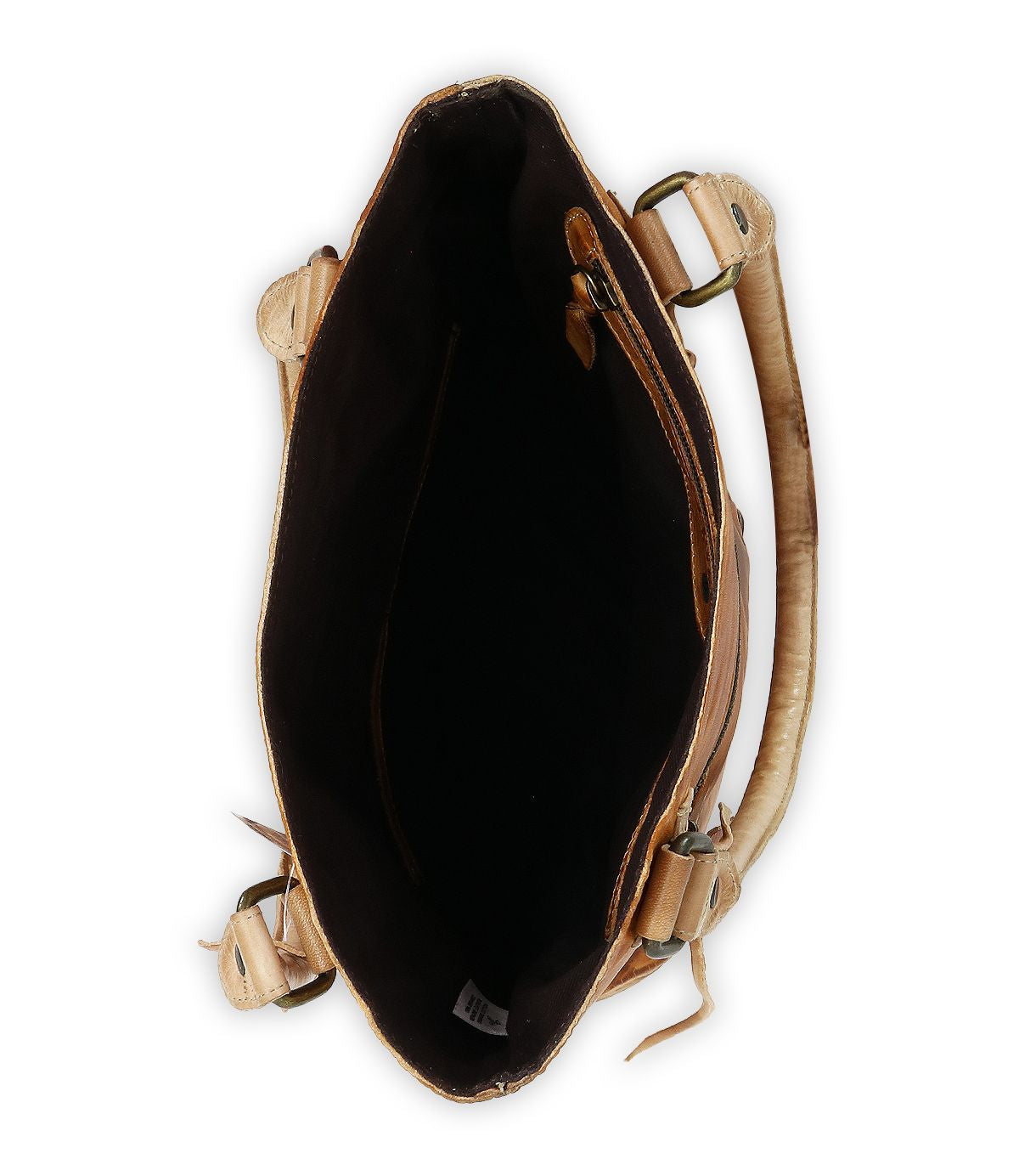 Top view of an open Bed Stu Italic tote bag in brown leather, featuring a spacious interior, dark lining, and visible straps with buckles on the sides.