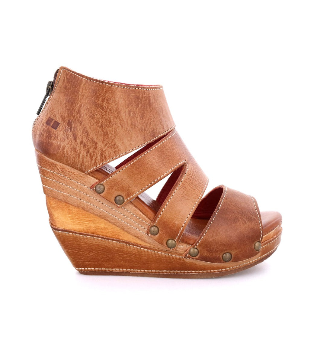 A women's Bed Stu Jacey II tan wedge sandal with wooden wedges.