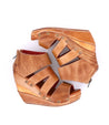 A pair of Jacey II tan wedge sandals with straps by Bed Stu.