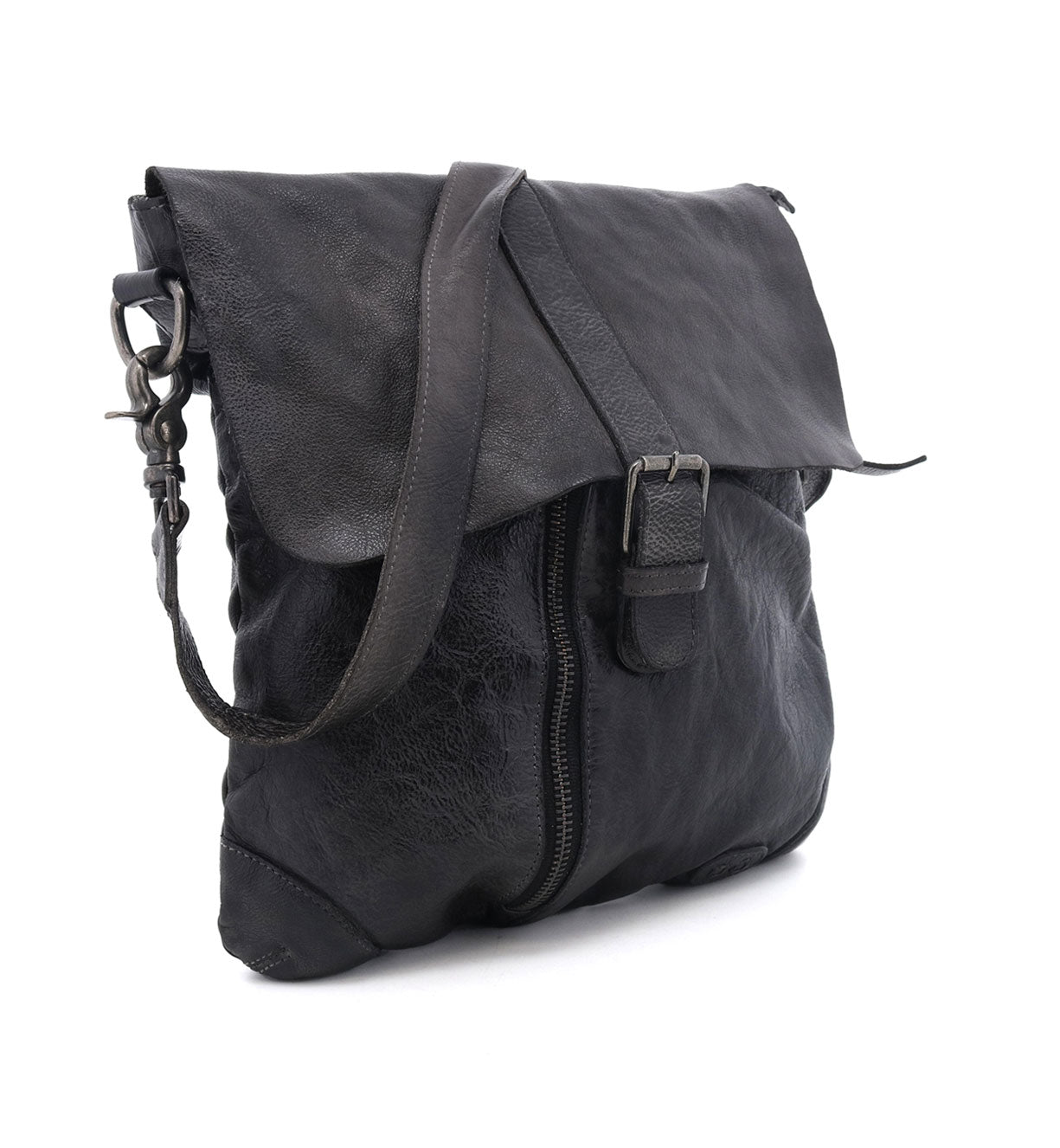 A black leather crossbody bag with a strap named Jack by Bed Stu.