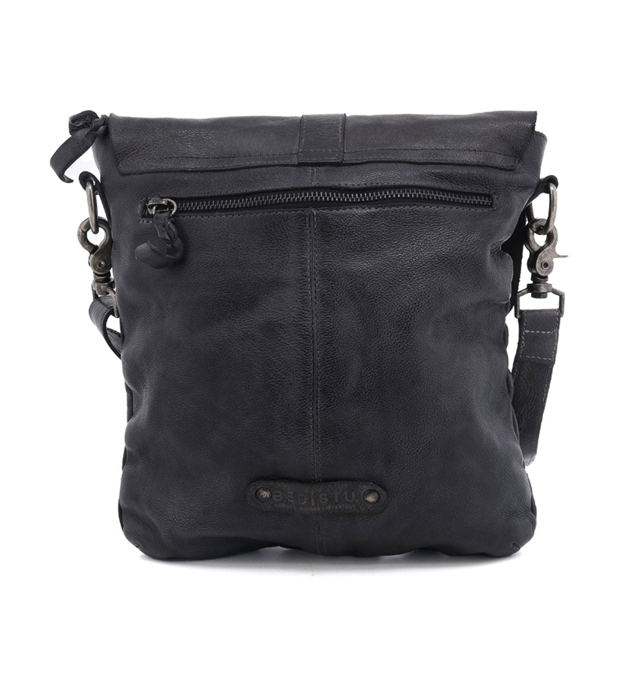 A black leather crossbody bag with an adjustable strap, called the Jack by Bed Stu.