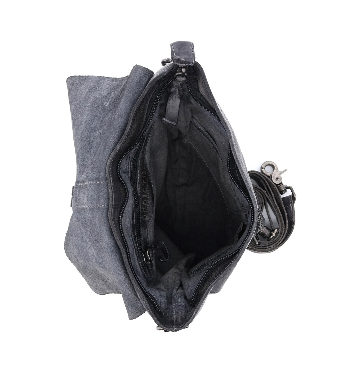 The inside of a Jack leather bag by Bed Stu with zippers.