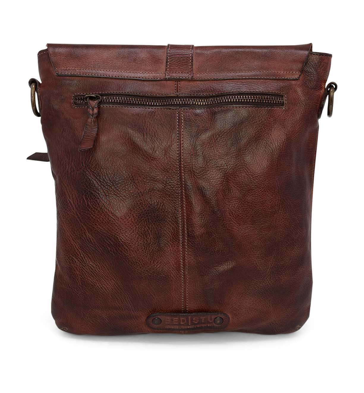 The Jack by Bed Stu brown leather crossbody bag is shown on a white background.