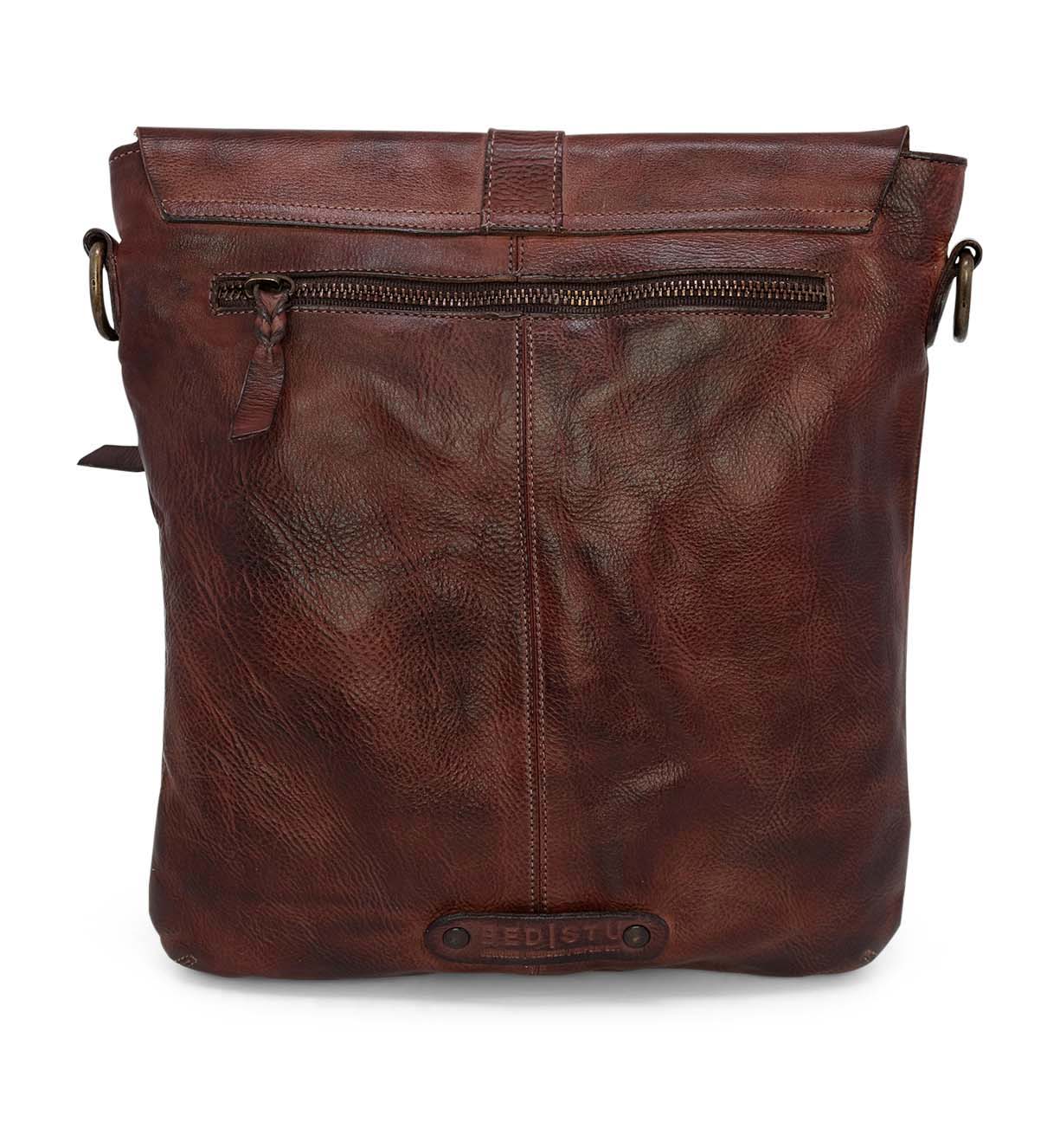 The Jack by Bed Stu brown leather crossbody bag is shown on a white background.