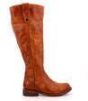 A women's brown leather boot with a zipper on the side, the Jacqueline Wide Calf by Bed Stu.