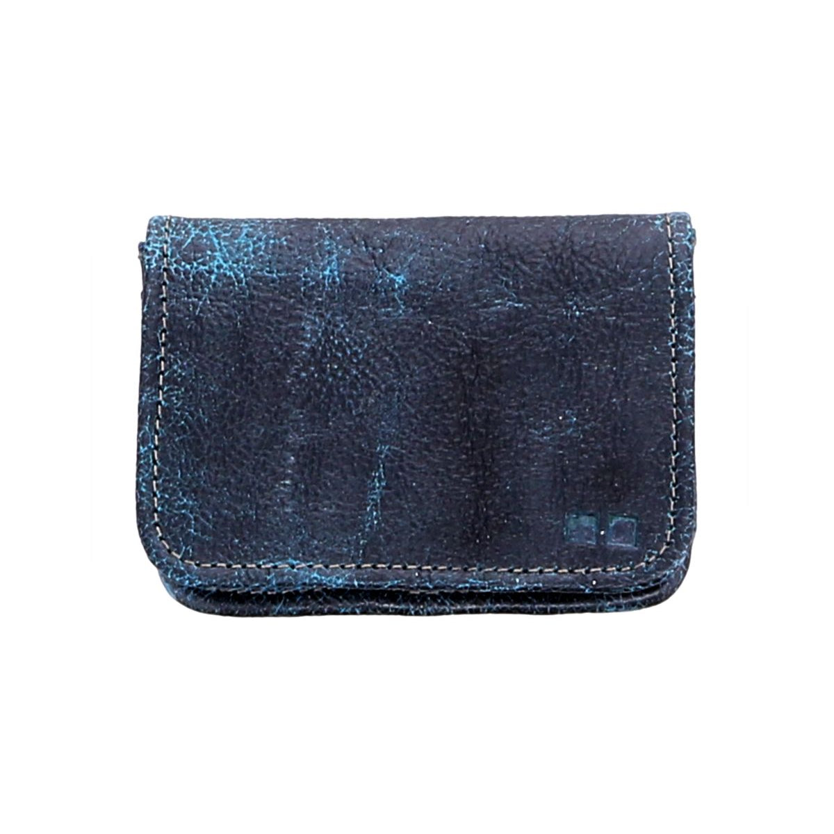 The Jeor by Bed Stu is a rectangular, dark blue leather wallet with a worn-out look. It is closed and slightly scuffed, showcasing visible stitching around the edges. Inside, you'll find multiple credit card slots and a clear ID holder for added convenience.