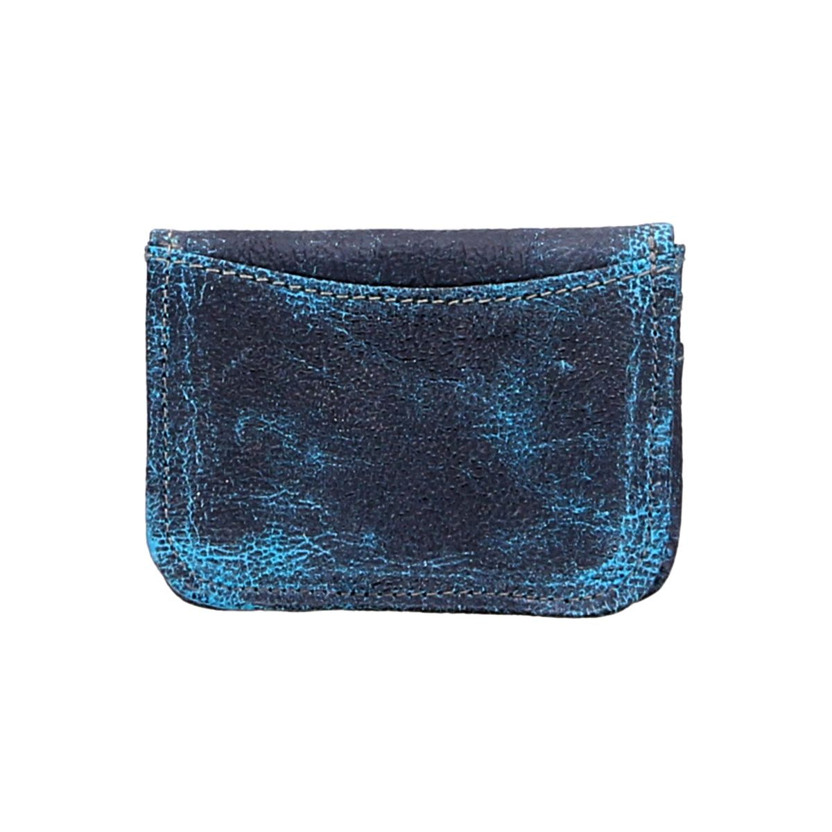 The Jeor wallet by Bed Stu is a rectangular, dark blue accessory with a weathered appearance and light blue distressed accents. It features a single pocket and a rustic leather card holder.