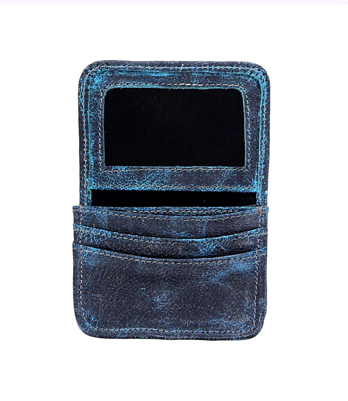 The Jeor by Bed Stu is a rustic leather card holder featuring a clear ID window at the top and two credit card slots below, with visible wear enhancing its charm.