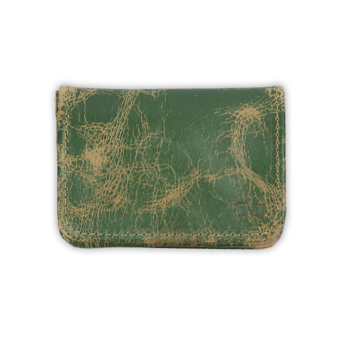 The Bed Stu Jeor is a rustic, compact card holder crafted from worn green leather with visible cracks and faded areas, shown against a white background.