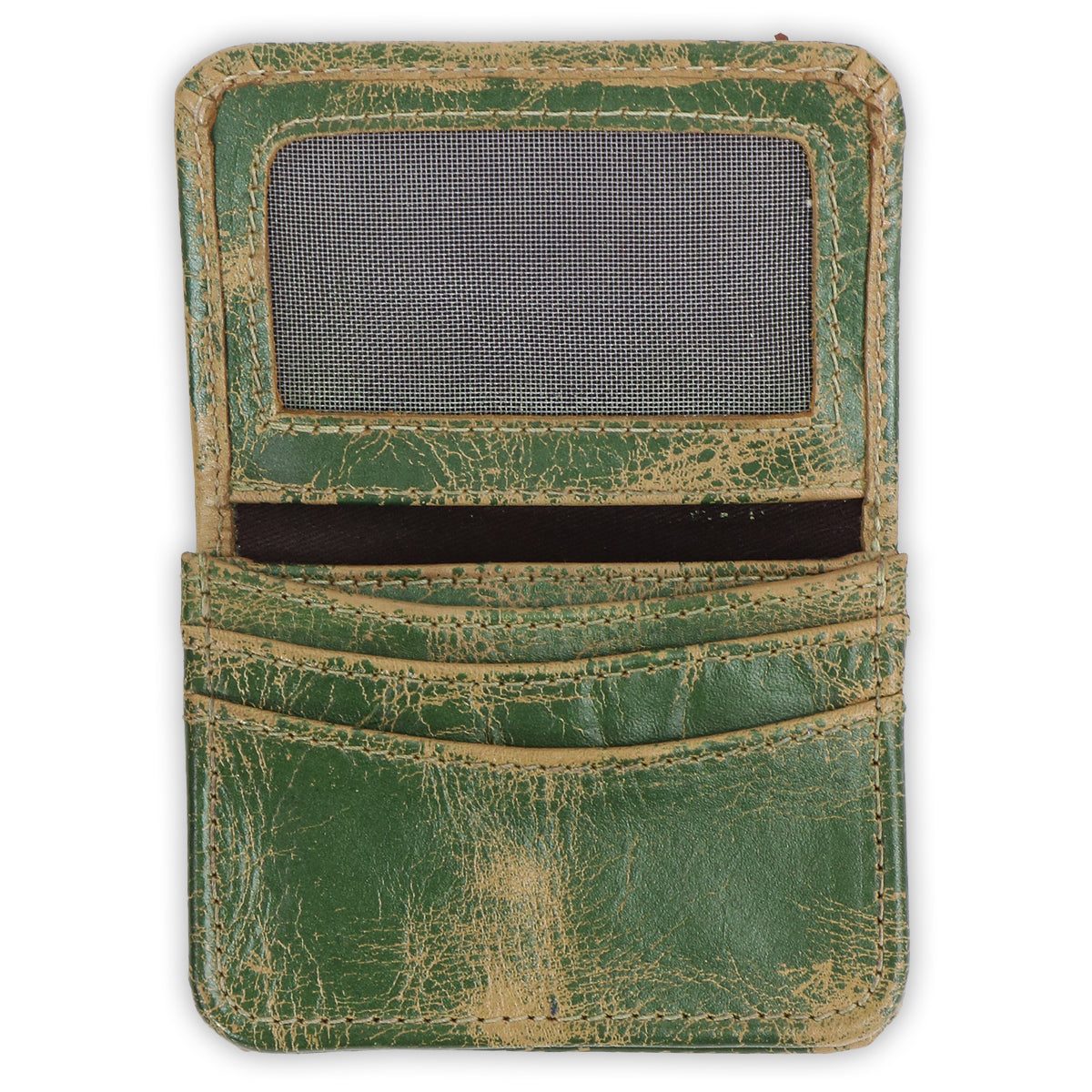 The Bed Stu Jeor is a rustic leather card holder in worn green with visible scuffs. This compact wallet has a clear ID window and two credit card slots, shown open and empty.