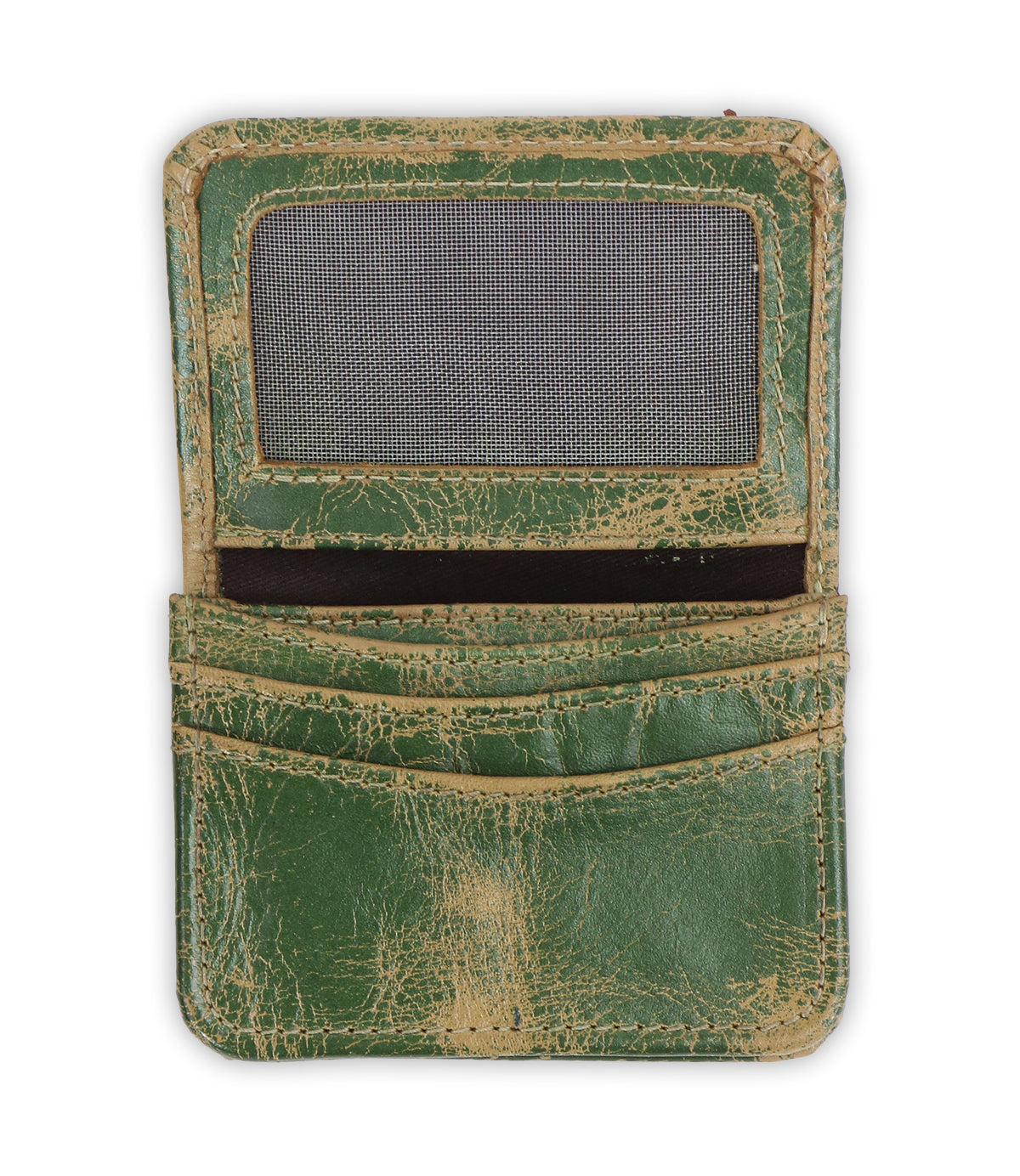 The Bed Stu Jeor is a rustic leather card holder in worn green with visible scuffs. This compact wallet has a clear ID window and two credit card slots, shown open and empty.