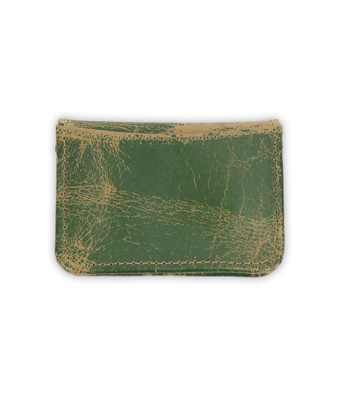 The Bed Stu Jeor is a rustic leather card holder in worn green with visible creases and scuff marks, displayed against a white background.