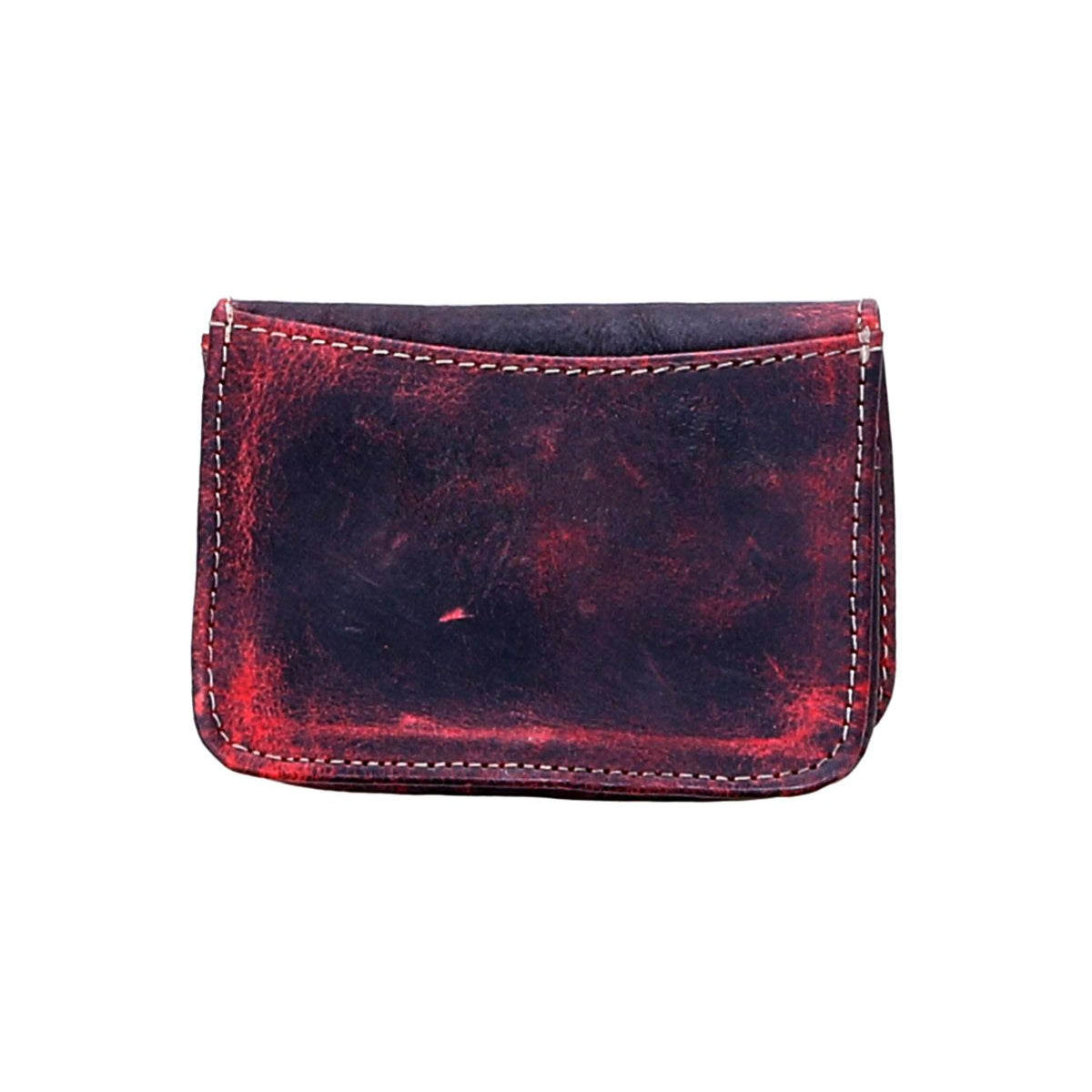 The Jeor by Bed Stu is a rustic leather card holder featuring a small, weathered design with a red and black finish and visible stitching. It also includes convenient credit card slots for easy organization.