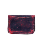 The Jeor by Bed Stu is a rustic leather card holder featuring a small, weathered design with a red and black finish and visible stitching. It also includes convenient credit card slots for easy organization.