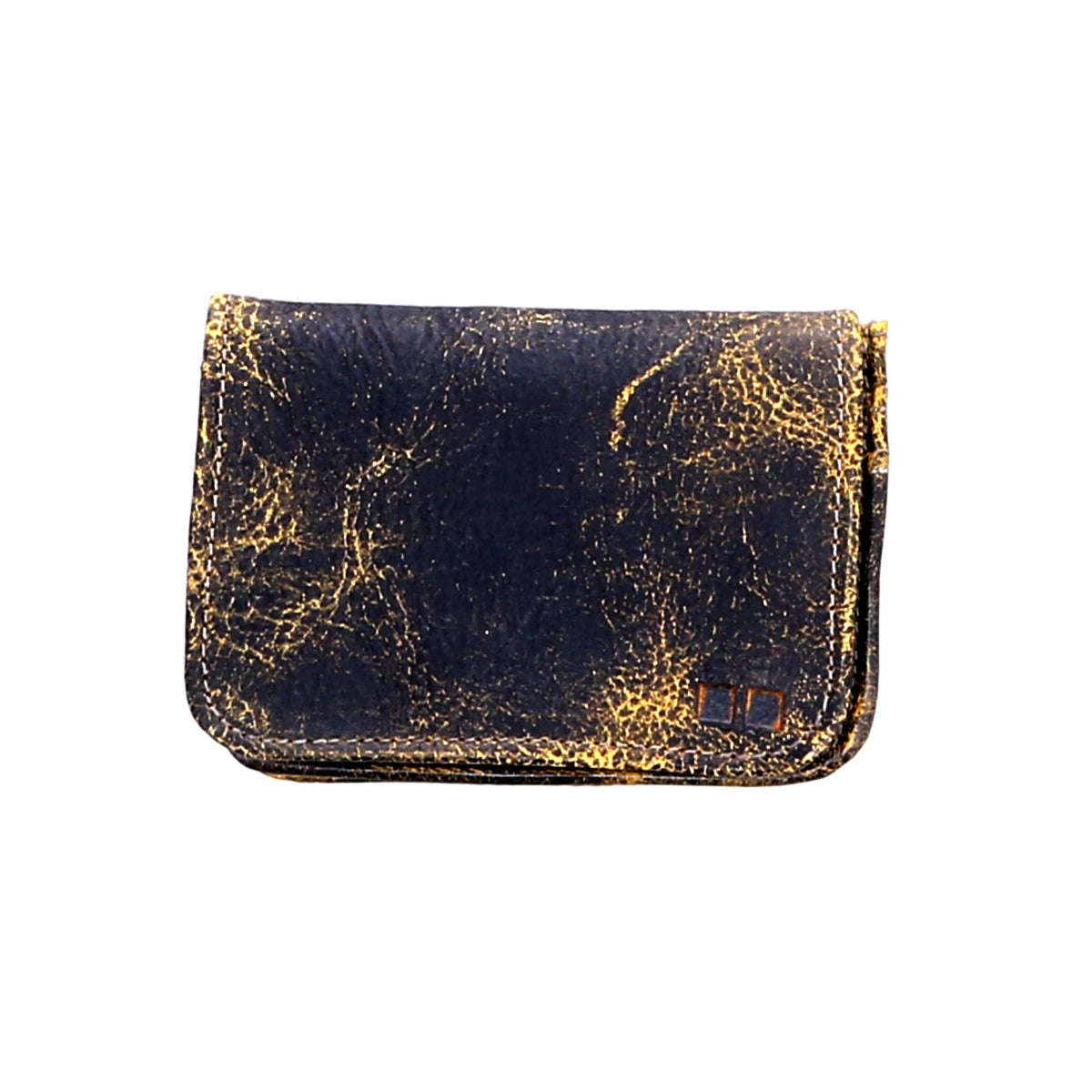 The Jeor wallet by Bed Stu boasts a compact size and a well-worn leather finish in a striking black and gold distressed texture, complete with convenient credit card slots.