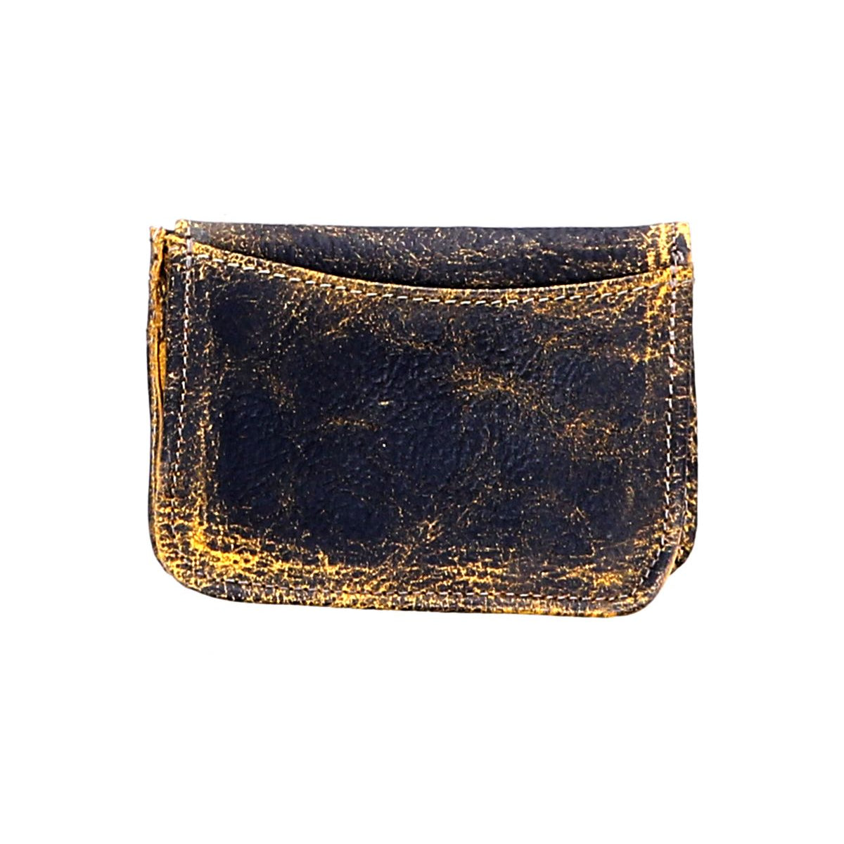 In the image, the Jeor by Bed Stu is displayed against a white background—a small black leather wallet with yellowed edges. It features rugged credit card slots and a clear ID holder.