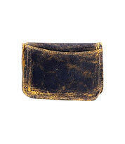 In the image, the Jeor by Bed Stu is displayed against a white background—a small black leather wallet with yellowed edges. It features rugged credit card slots and a clear ID holder.
