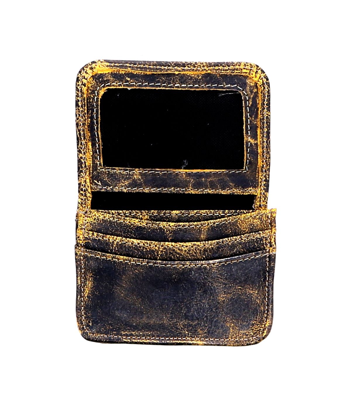 The Jeor card holder by Bed Stu is a rustic leather accessory featuring multiple compartments and a clear ID holder. The wallet displays signs of wear, weathering, and boasts visible creases and discoloration, adding to its unique character.