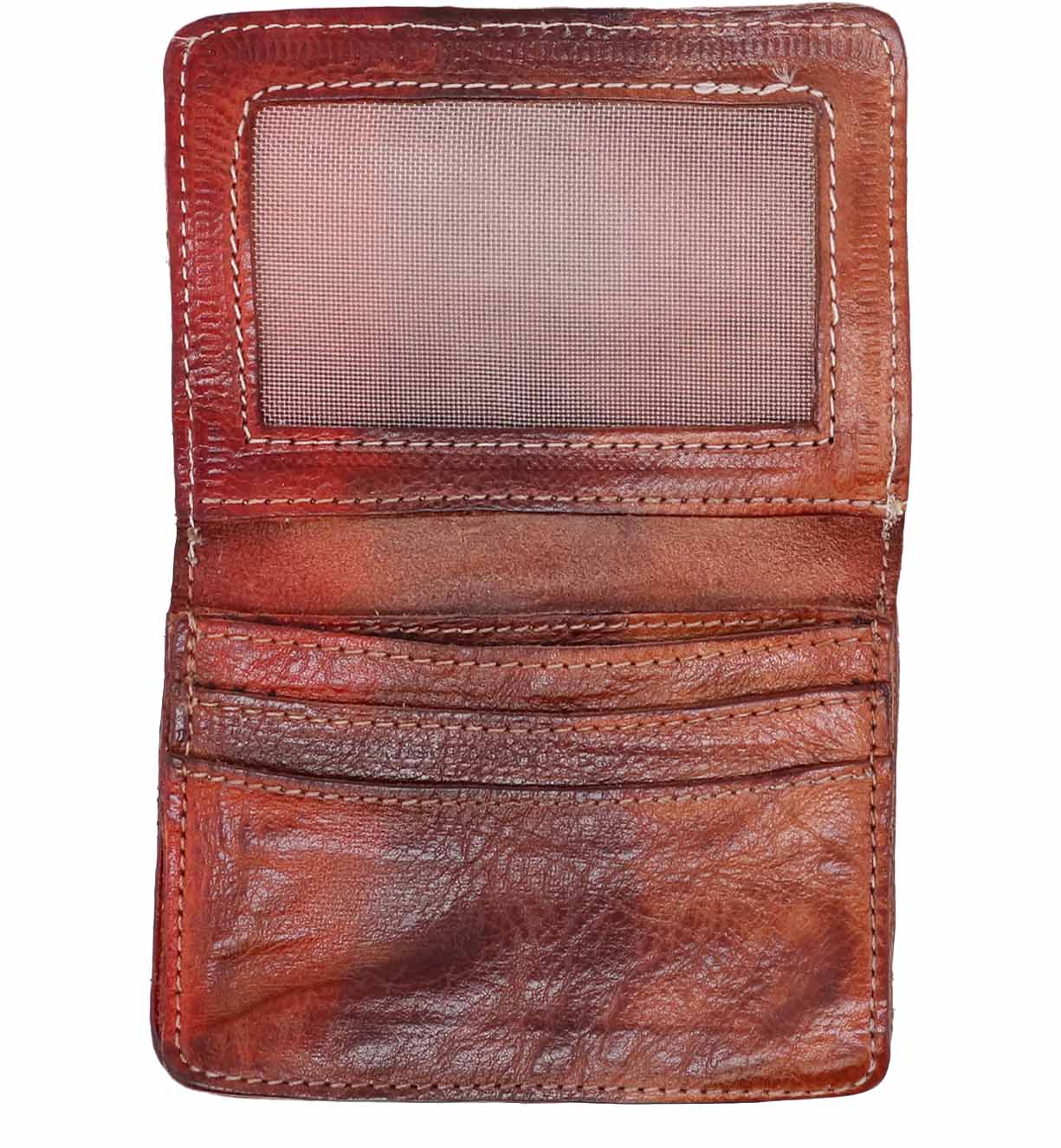 A brown leather Jeor wallet on a white background. Brand: Bed Stu.