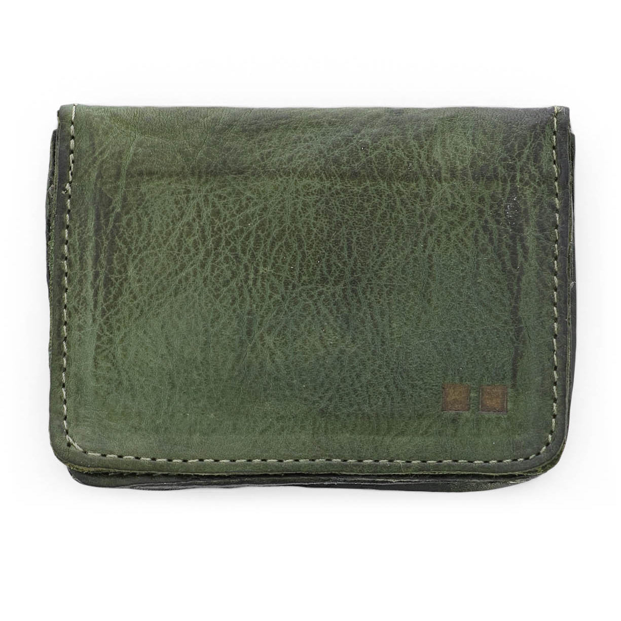 A Jeor by Bed Stu green leather wallet on a white background.