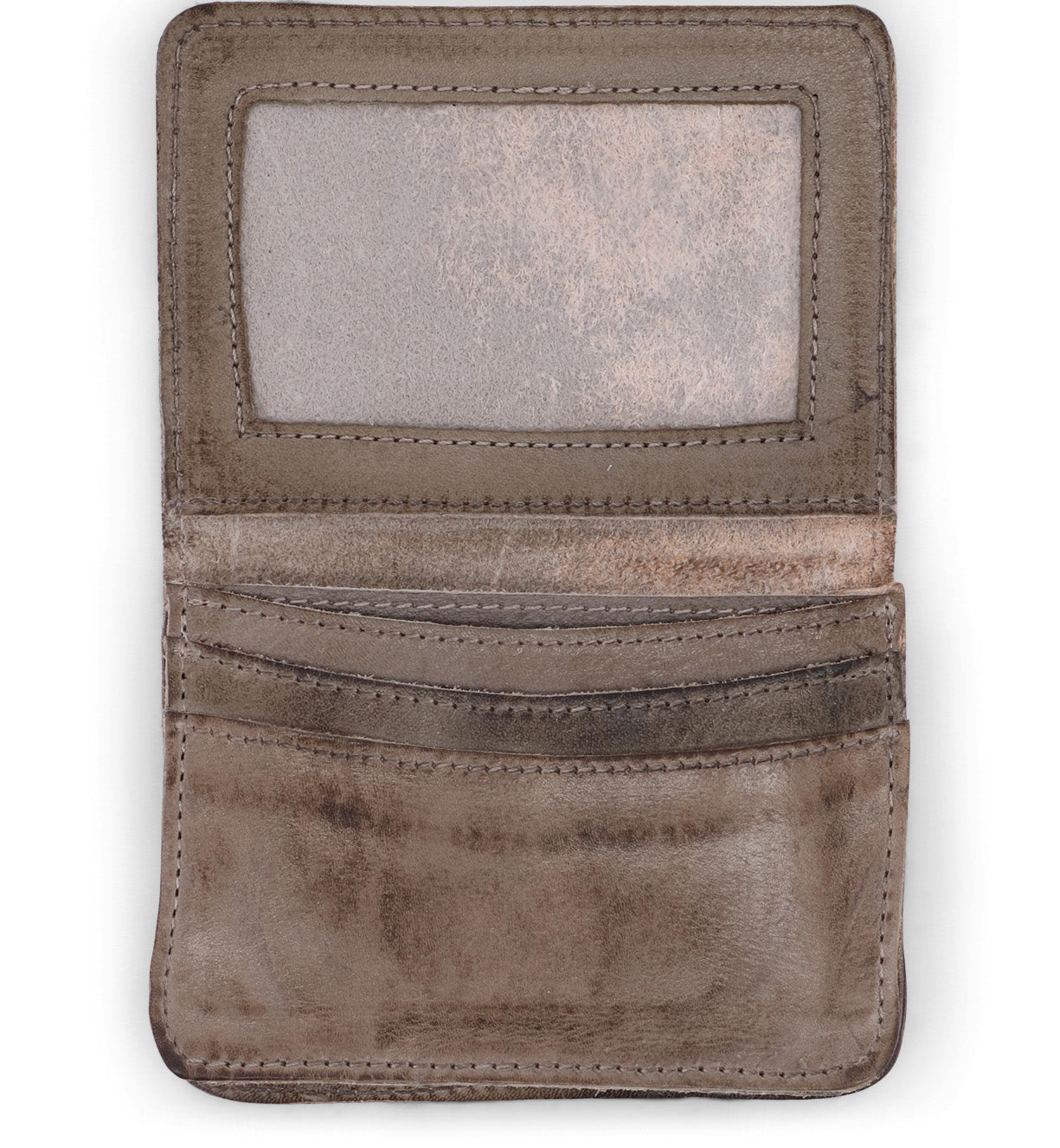 A brown leather Jeor wallet with an open compartment by Bed Stu.