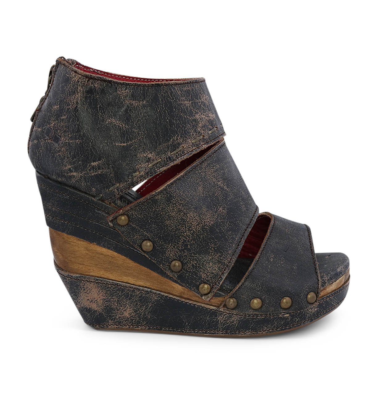 A women's black wedge sandal with a wooden heel, the Bed Stu Jessie.