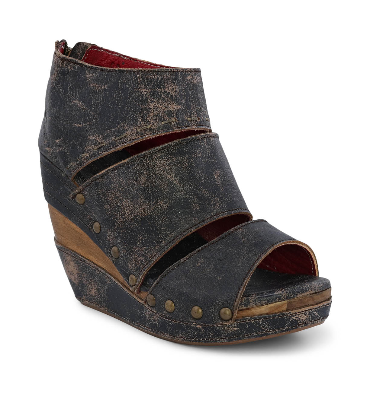 A women's black wedge sandal with a wooden heel called "Jessie" by Bed Stu.