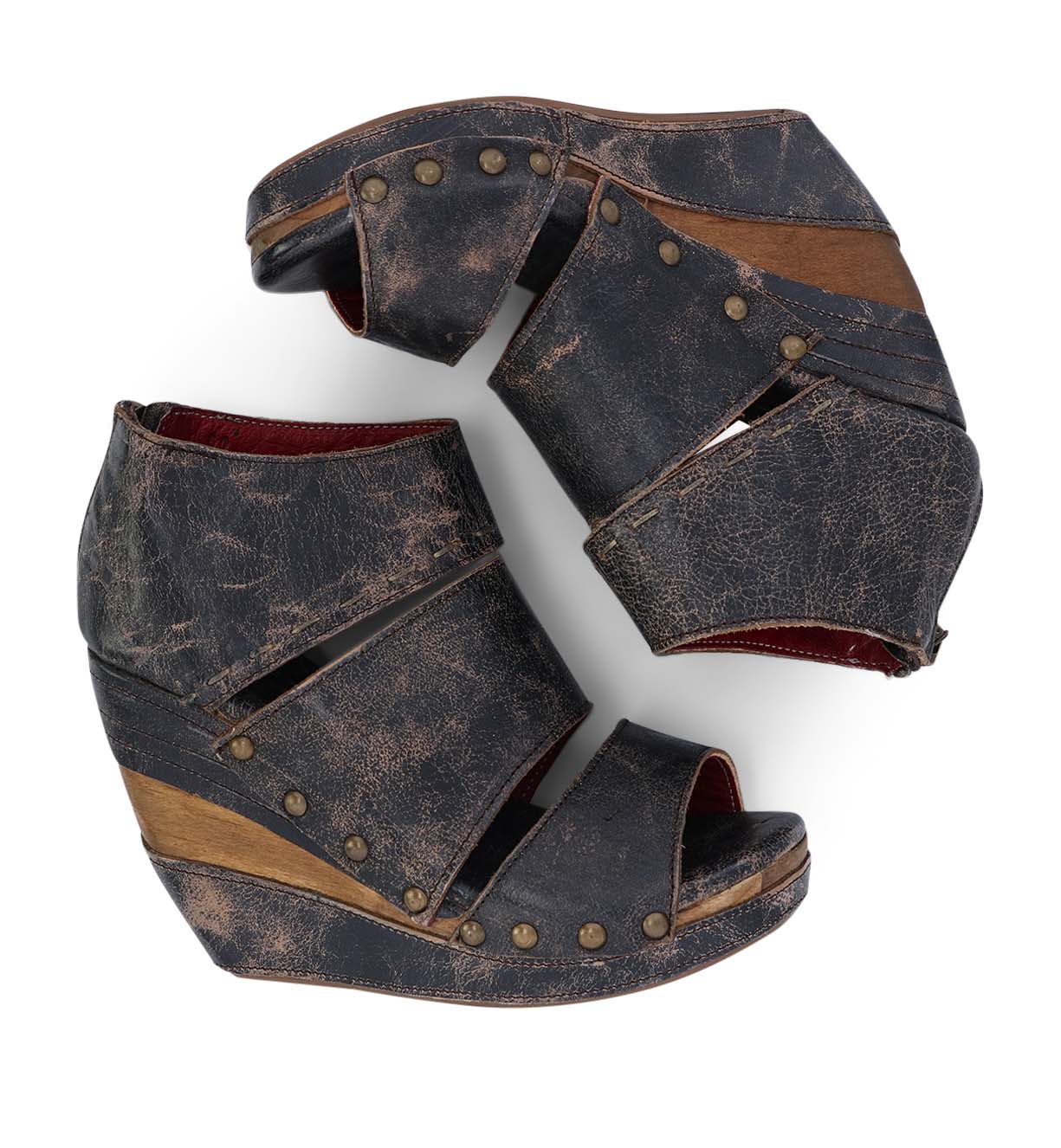 A pair of Bed Stu women's wedge sandals with leather straps named Jessie.