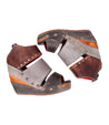 A pair of brown and grey Bed Stu wedge sandals named Jessie.