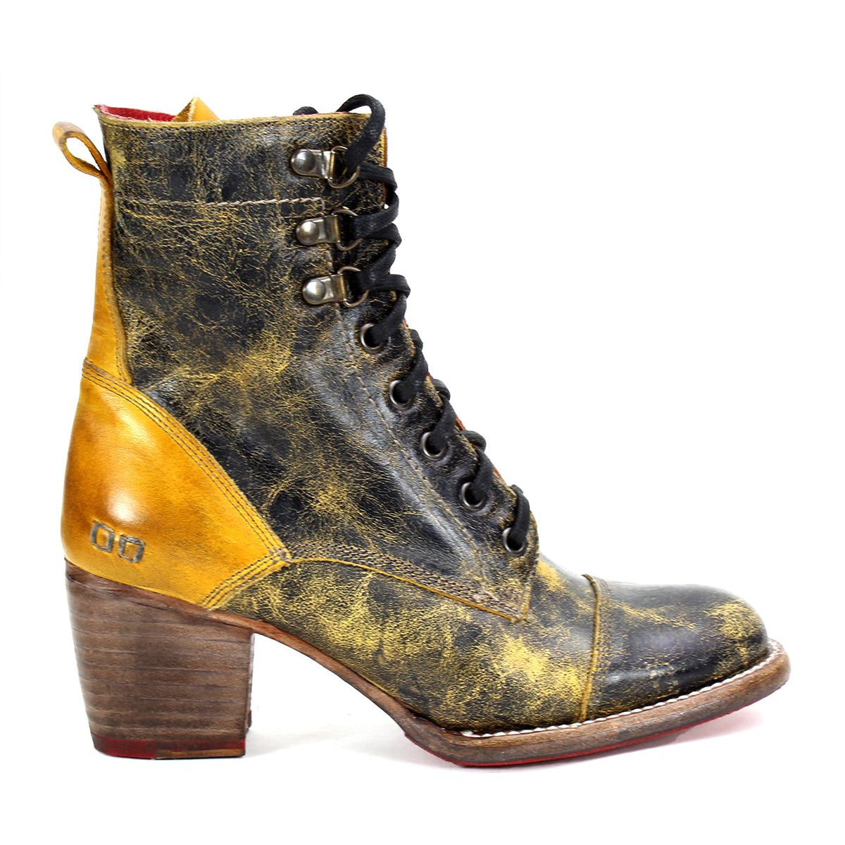 A rustic high-top Judgement boot from Bed Stu with a lace-up front, showcasing a distressed black and yellow leather finish, a tan heel counter, and a comfortable block heel.