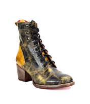 A distressed leather ankle boot named Judgement by Bed Stu, featuring an 8-eye lace-up design with black laces, yellow accents, and a chunky heel.