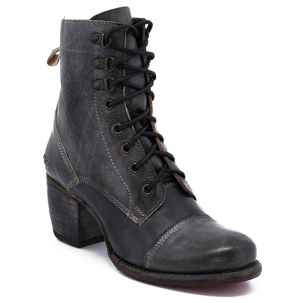 A women's black ankle boot with lace up detail called "Judgement" by Bed Stu.